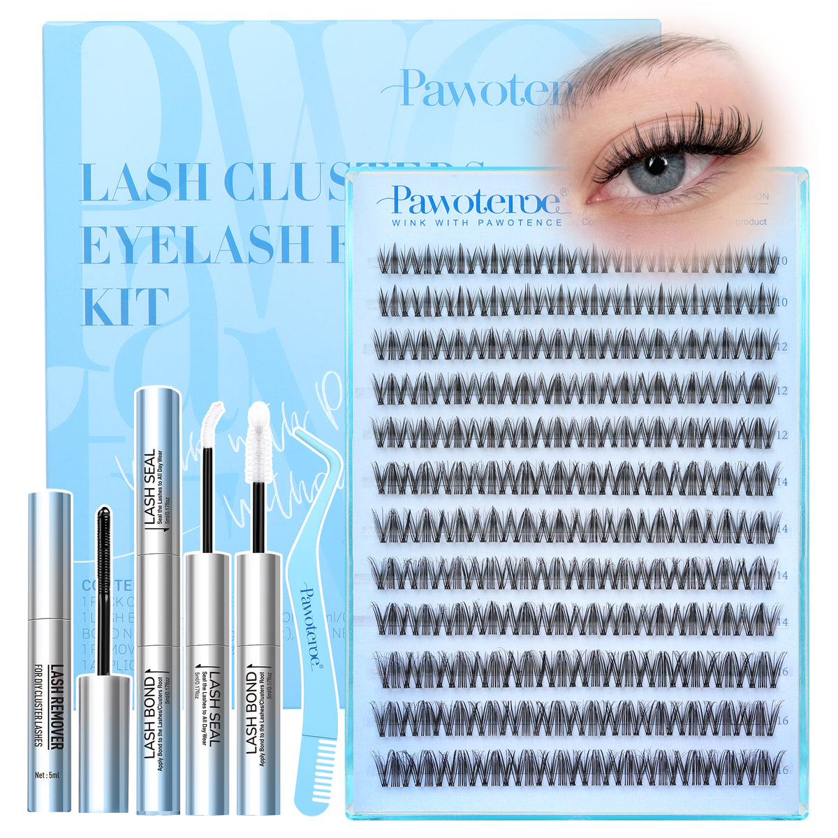 Pawotence Wispy Natural Lash Clusters Kit Spider Lashes D Curl False Lashes Comfortable, Super Soft, Thin Band, Long Lasting Eyelashes Clusters DIY Lash Extensions for Daily Makeup Beginner Friendly
