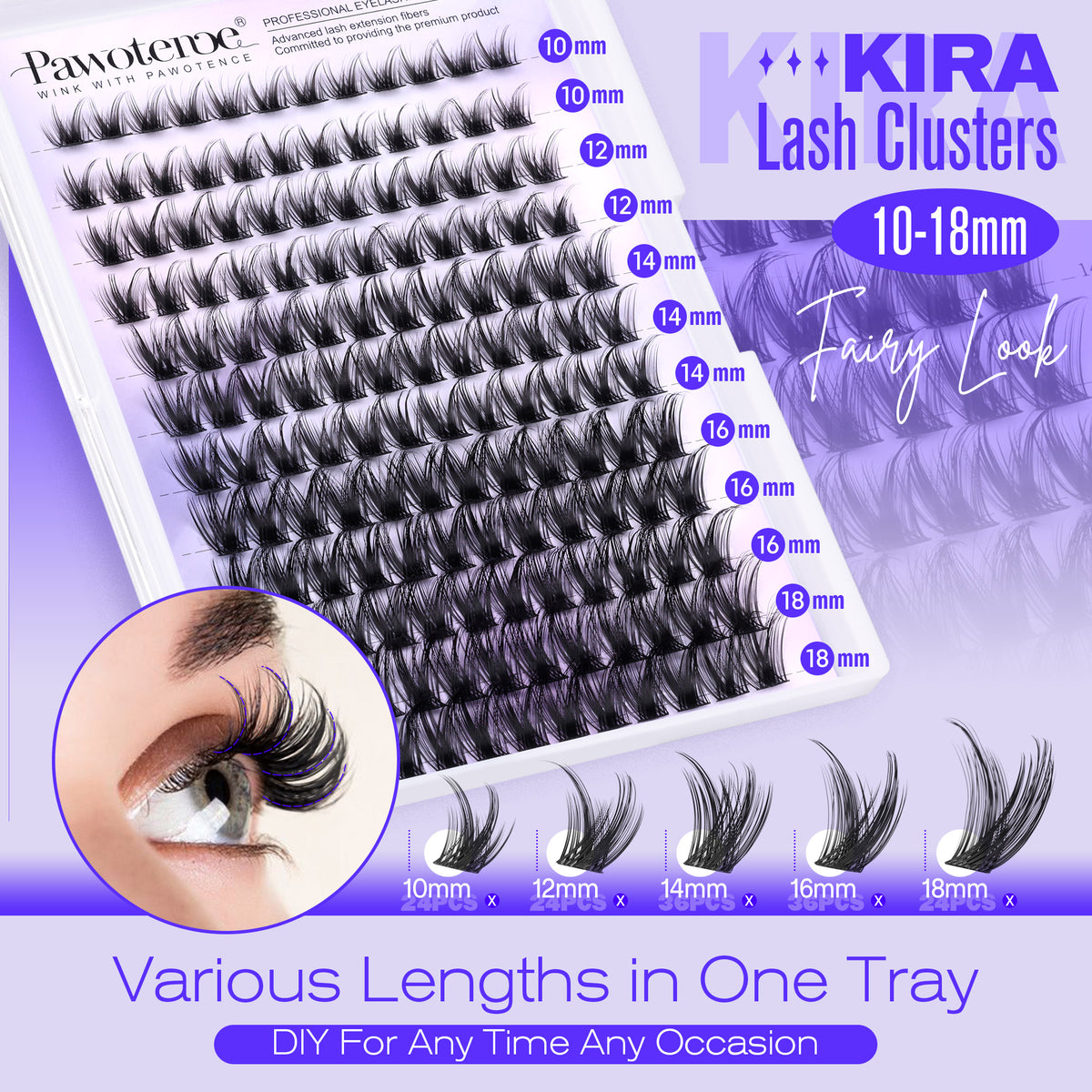 Pawotence Lash Clusters Wispy Kira Cluster Eyelash Extensions 10-18mm Individual Lashes with Soft Thin Band