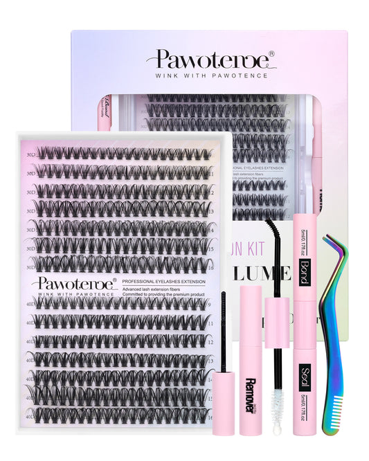 Pawotence Lash Extension Kit 280pcs Individual Lash Clusters Kit 30D 40D Eyelash Extensions Kit with Lash Bond and Seal and Lash Remover