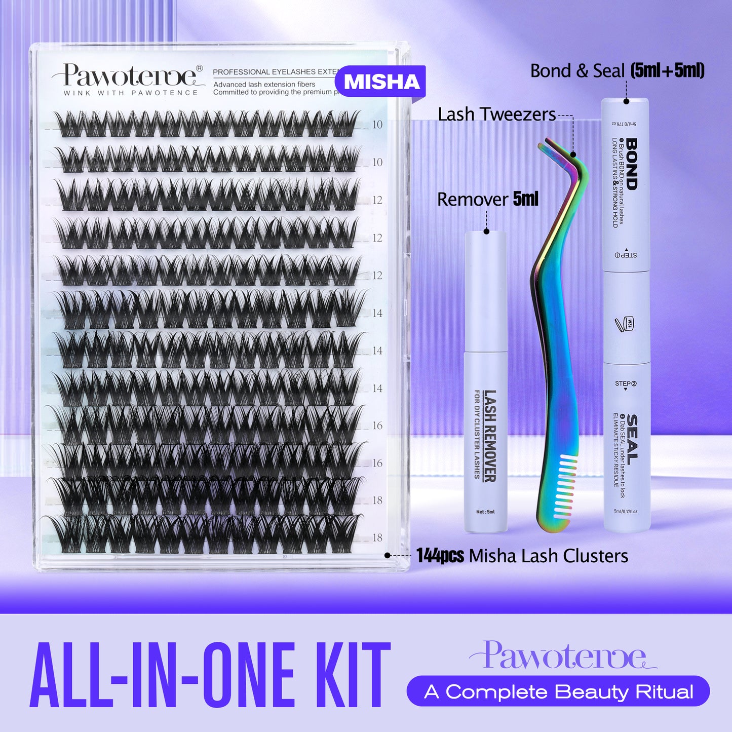 Pawotence Misha Lash Clusters Kit 10-18mm Cluster Lashes Extension Kit Eyelash Clusters Wet Look Wispy Lashes Cluster Eyelash Extensions with Lash Bond and Seal, Remover, Applicator