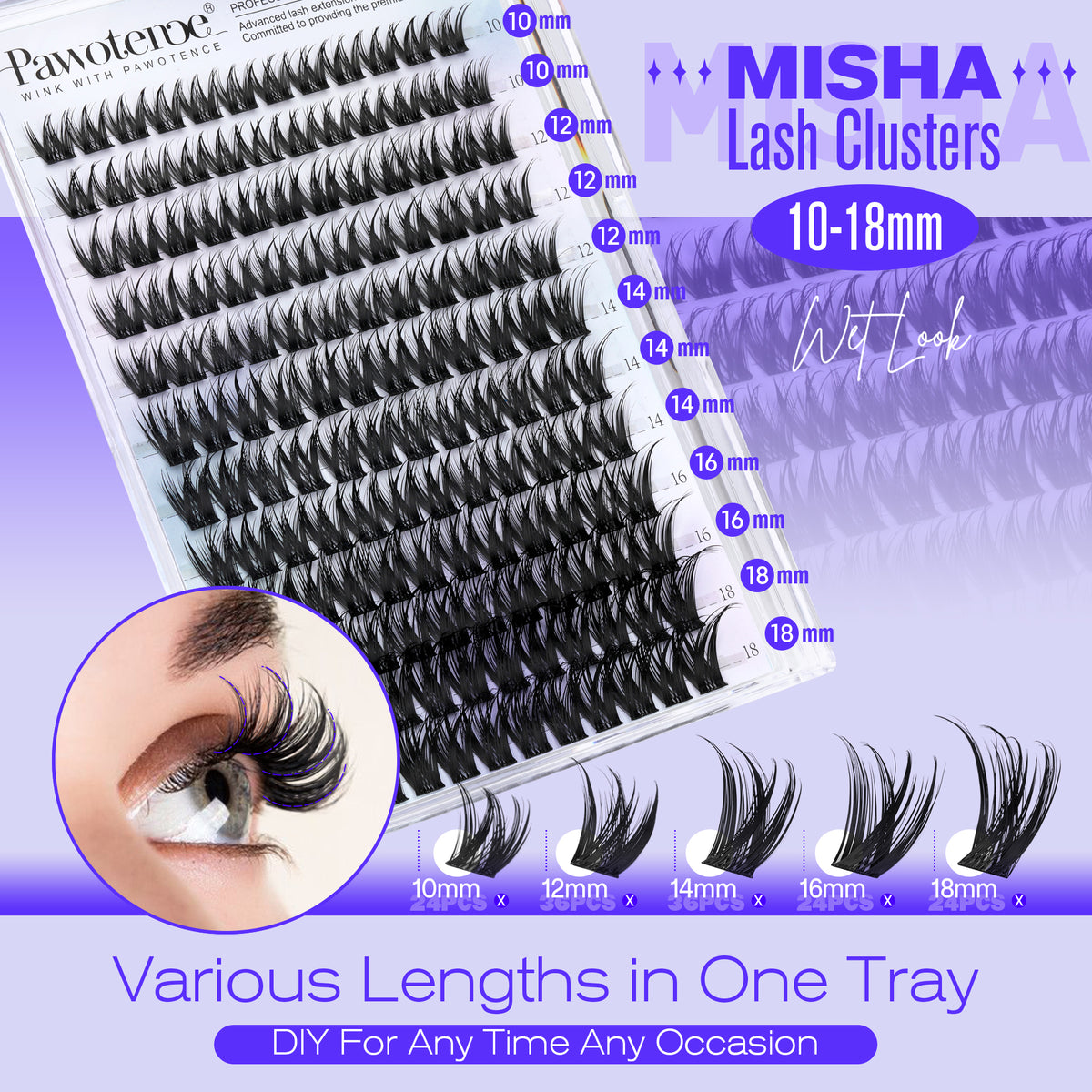 Pawotence Misha Lash Clusters Kit 10-18mm Cluster Lashes Extension Kit Eyelash Clusters Wet Look Wispy Lashes Cluster Eyelash Extensions with Lash Bond and Seal, Remover, Applicator