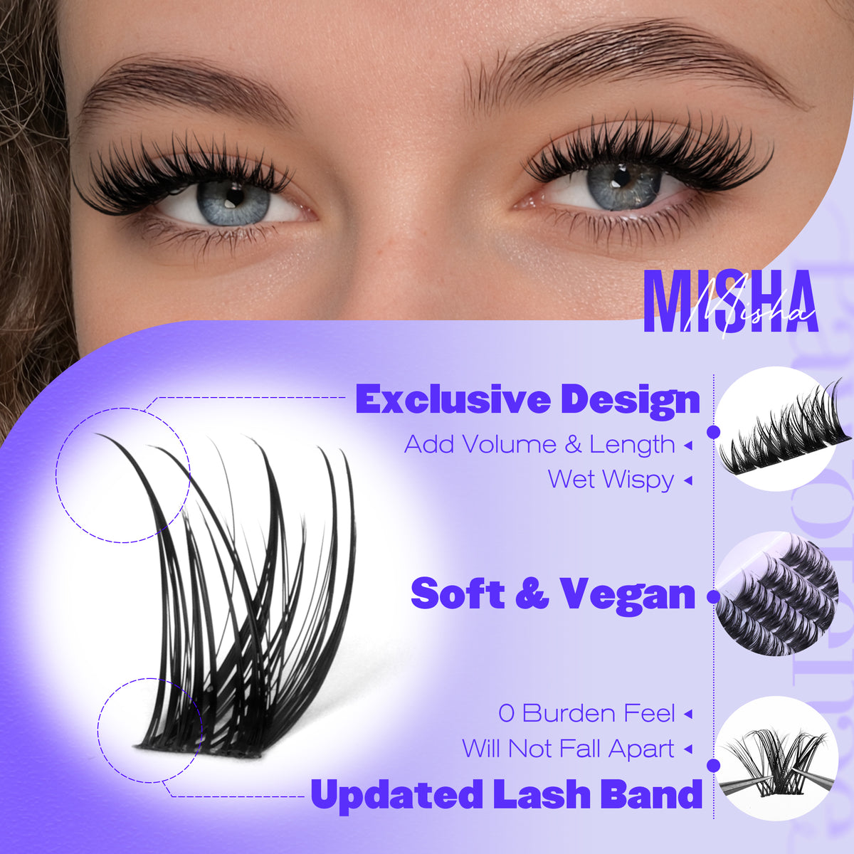 Pawotence Misha Lash Clusters Kit 10-18mm Cluster Lashes Extension Kit Eyelash Clusters Wet Look Wispy Lashes Cluster Eyelash Extensions with Lash Bond and Seal, Remover, Applicator