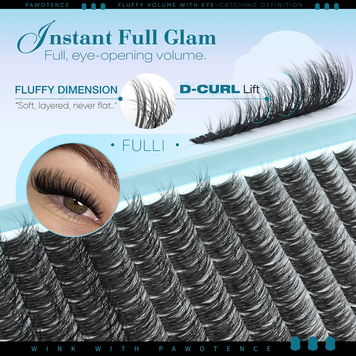Pawotence Fulli Lash Clusters, 144-Piece Russian Full Glam Volume Eyelash Extensions with Soft Band, D Curl Wispy Individual Lashes for Natural & Glam Makeup Looks