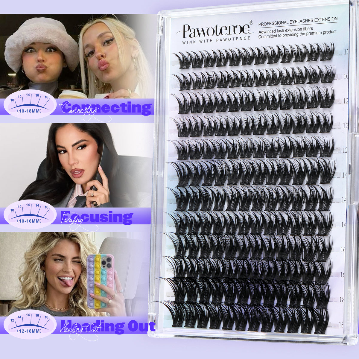 Pawotence Misha Lash Clusters Kit 10-18mm Cluster Lashes Extension Wet Look Wispy Lashes Clusters with Lash Bond and Seal and Lash Remover