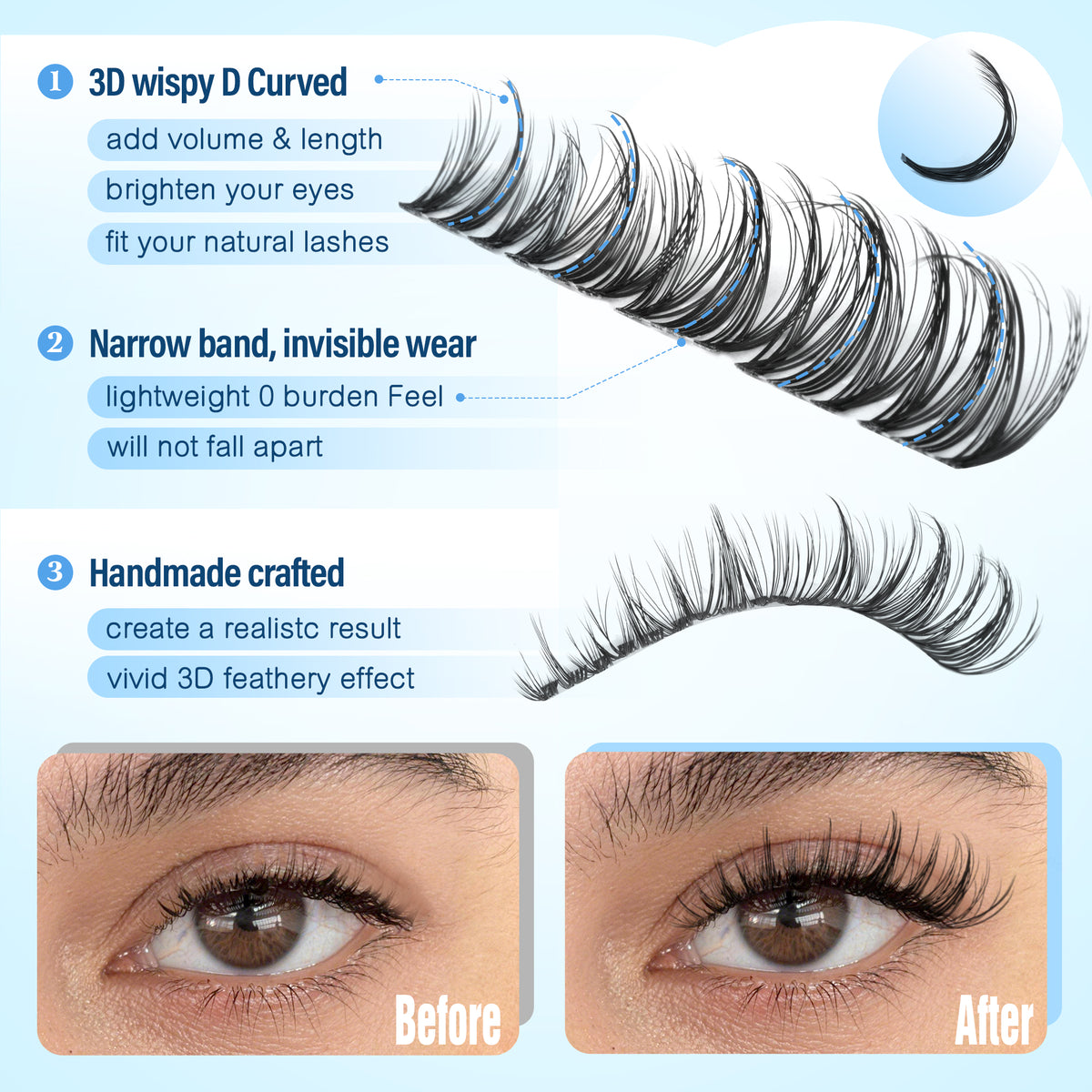 Pawotence Wispy Natural Lash Clusters Kit Spider Lashes D Curl False Lashes Comfortable, Super Soft, Thin Band, Long Lasting Eyelashes Clusters DIY Lash Extensions for Daily Makeup Beginner Friendly