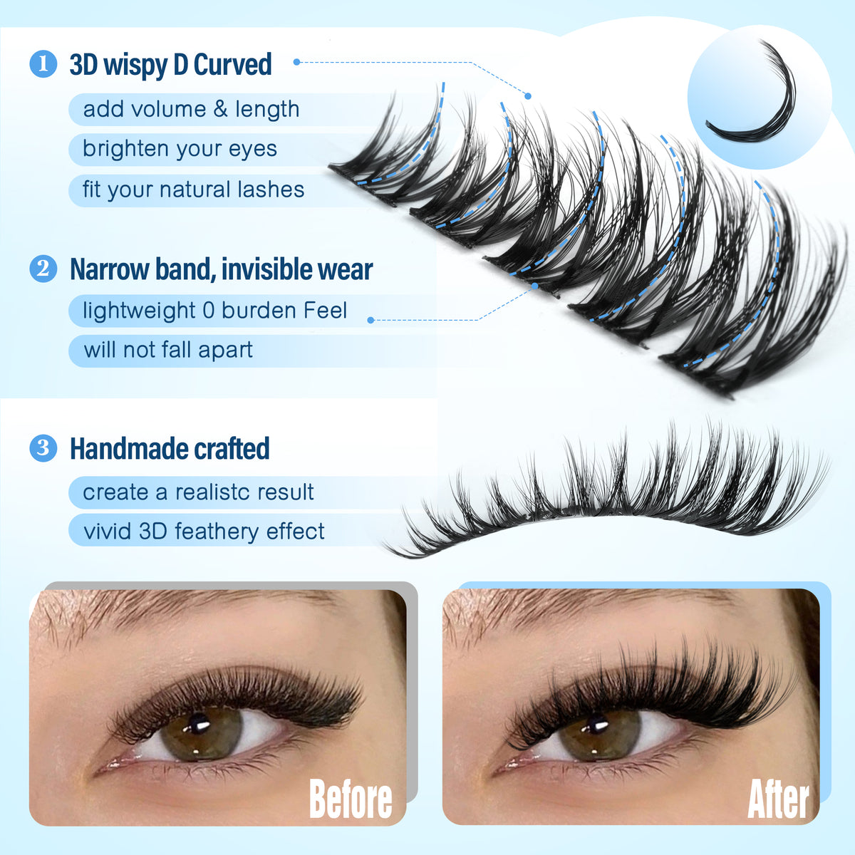 Pawotence Wispy Natural Lash Clusters Kit Spider Cluster Lashes D Curl Comfortable, Super Soft, Thin Band, Long Lasting Eyelashes DIY Lash Extensions for Daily Makeup Beginner Friendly